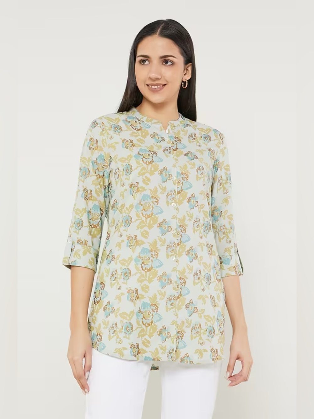 Haute Curry Floral Print Light Green Mandarin Collar Women’s Top XXL